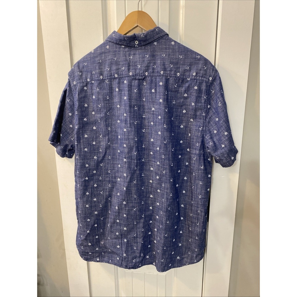 DENIM & FLOWER 100% Cotton Short Sleeve Blue Sailboat Anchor Shirt Size XL - Picture 2 of 10